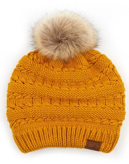 C.C Tilted Whip Stitch Slouch Beanie Faux Fur Pom Pom Hat