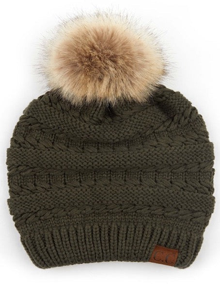 C.C Tilted Whip Stitch Slouch Beanie Faux Fur Pom Pom Hat