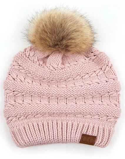 C.C Tilted Whip Stitch Slouch Beanie Faux Fur Pom Pom Hat