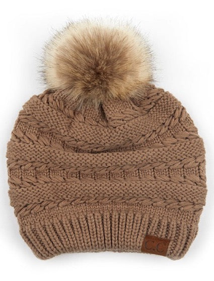 C.C Tilted Whip Stitch Slouch Beanie Faux Fur Pom Pom Hat