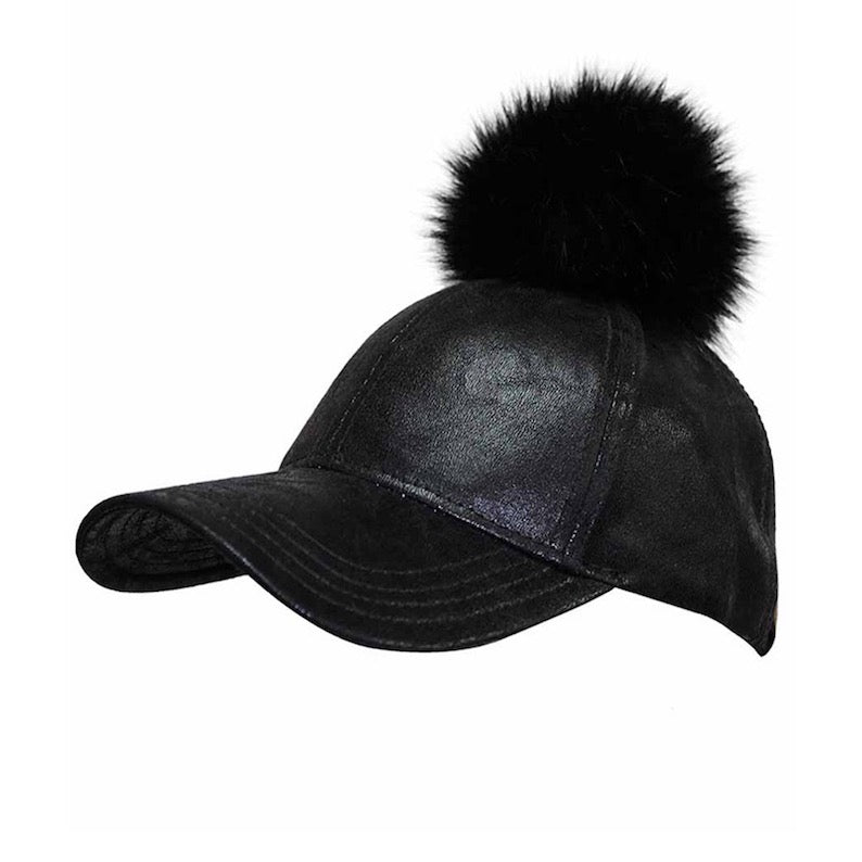 C.C Vintage Faux Leather Pom Pom Ponytail Baseball Cap Hat
