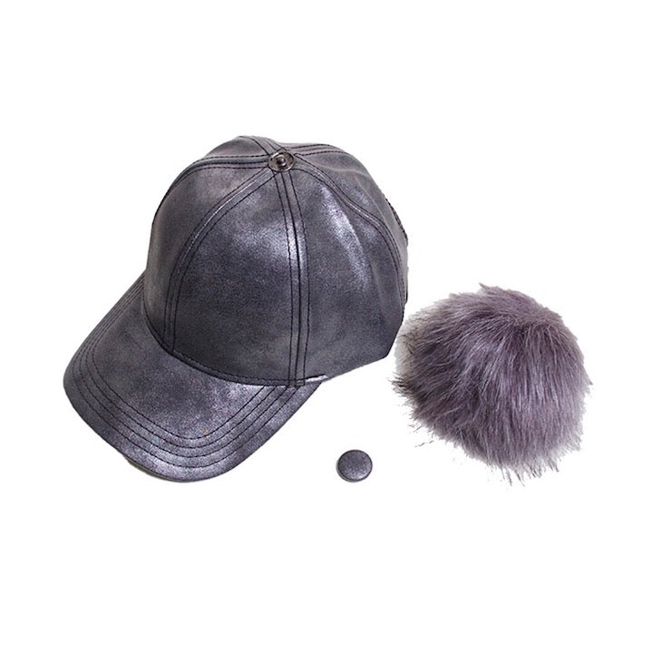 C.C Vintage Faux Leather Pom Pom Ponytail Baseball Cap Hat