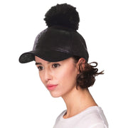 C.C Vintage Faux Leather Pom Pom Ponytail Baseball Cap Hat