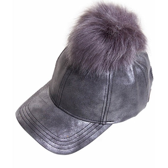 C.C Vintage Faux Leather Pom Pom Ponytail Baseball Cap Hat