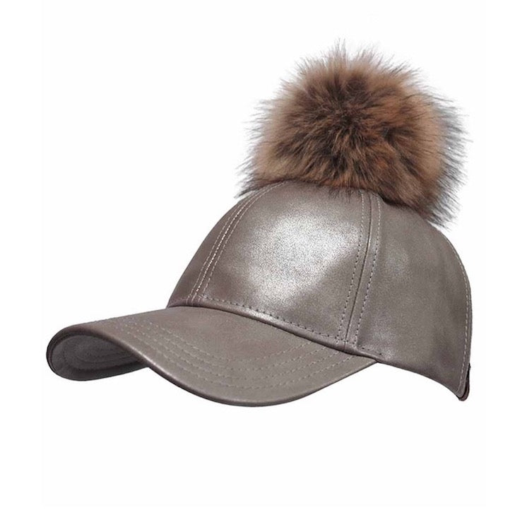 C.C Vintage Faux Leather Pom Pom Ponytail Baseball Cap Hat