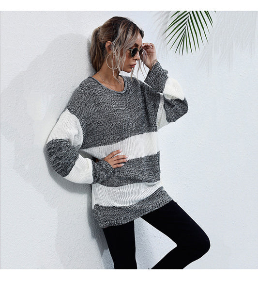 women's mid-length color block knitted sweater - Closther