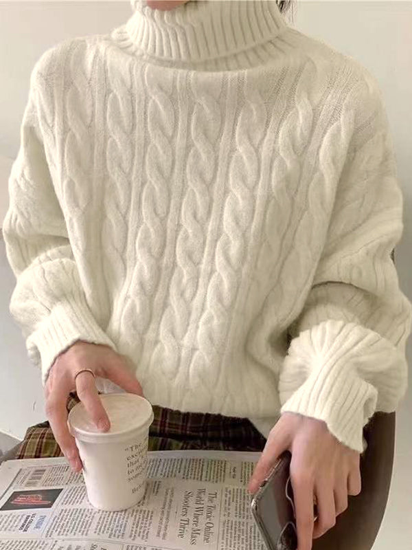 CABLE KNIT TURTLENECK SWEATER IN CREAM - SOLID COLOR HIGH NECK