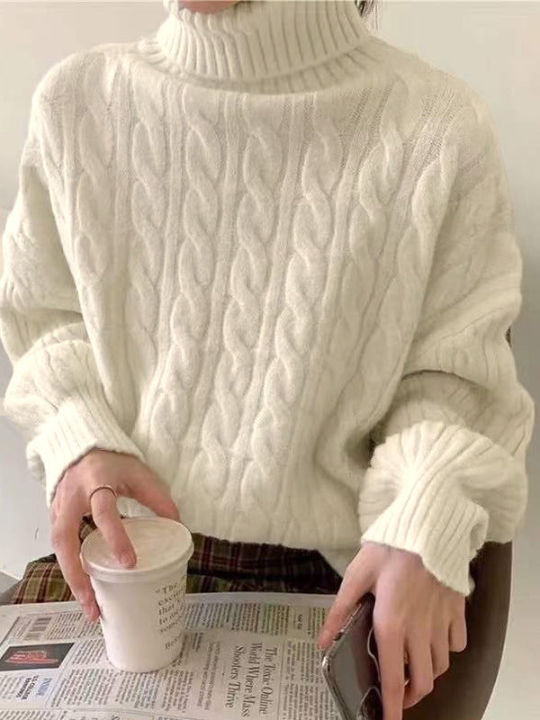 CABLE KNIT TURTLENECK SWEATER IN CREAM - SOLID COLOR HIGH NECK
