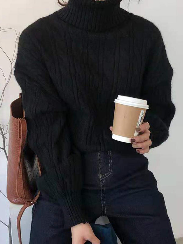 CABLE KNIT TURTLENECK SWEATER IN CREAM - SOLID COLOR HIGH NECK