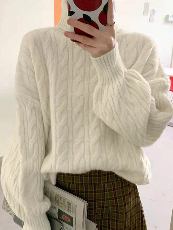 CABLE KNIT TURTLENECK SWEATER IN CREAM - SOLID COLOR HIGH NECK