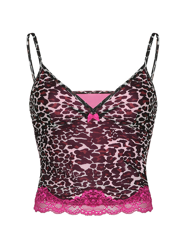 CAMISOLE WITH LACE TRIM IN PINK LEOPARD PRINT Y2K STYLE
