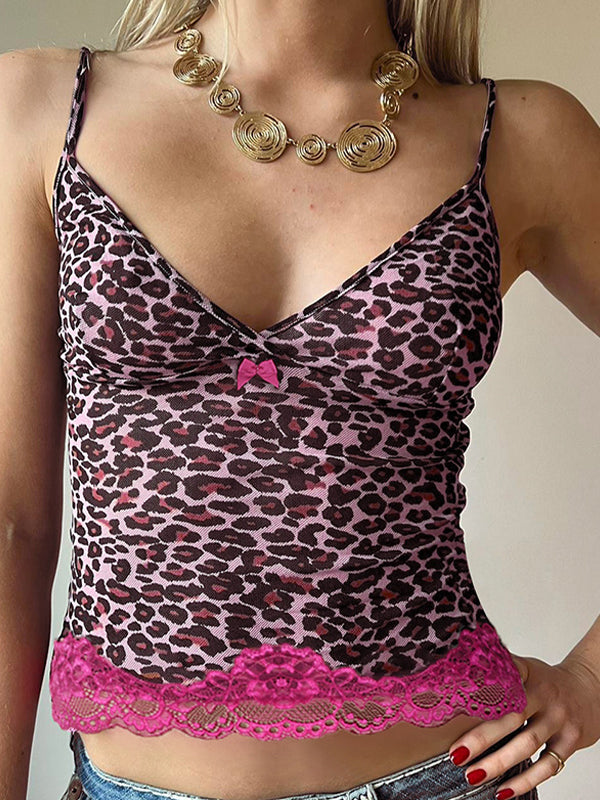 CAMISOLE WITH LACE TRIM IN PINK LEOPARD PRINT Y2K STYLE