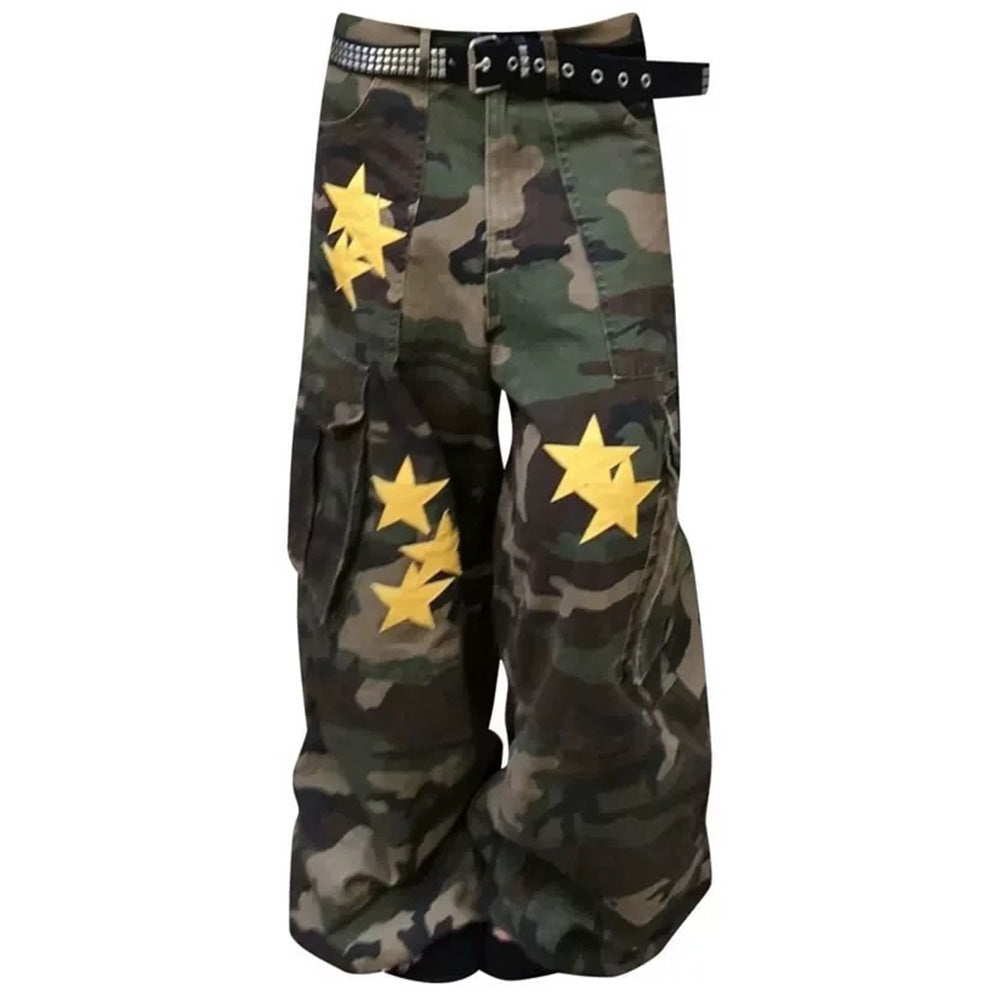 CAMO CARGO PANTS WITH BRIGHT STAR DETAILS