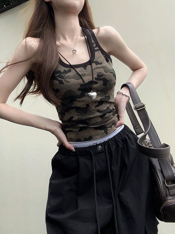 CAMO PRINT TANK TOP WITH BLACK TRIM - FLATTERING SCOOP NECK DESIGN