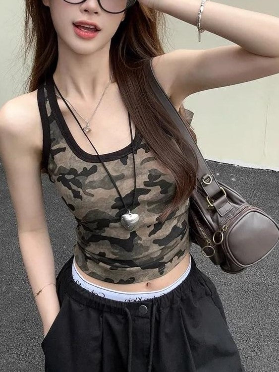CAMO PRINT TANK TOP WITH BLACK TRIM - FLATTERING SCOOP NECK DESIGN