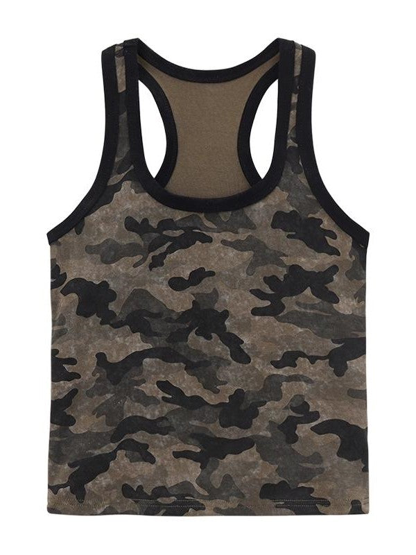 CAMO PRINT TANK TOP WITH BLACK TRIM - FLATTERING SCOOP NECK DESIGN