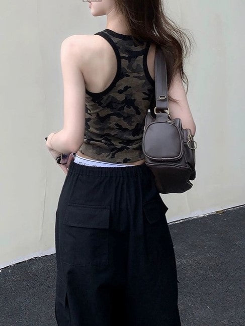 CAMO PRINT TANK TOP WITH BLACK TRIM - FLATTERING SCOOP NECK DESIGN