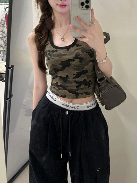 CAMO PRINT TANK TOP WITH BLACK TRIM - FLATTERING SCOOP NECK DESIGN