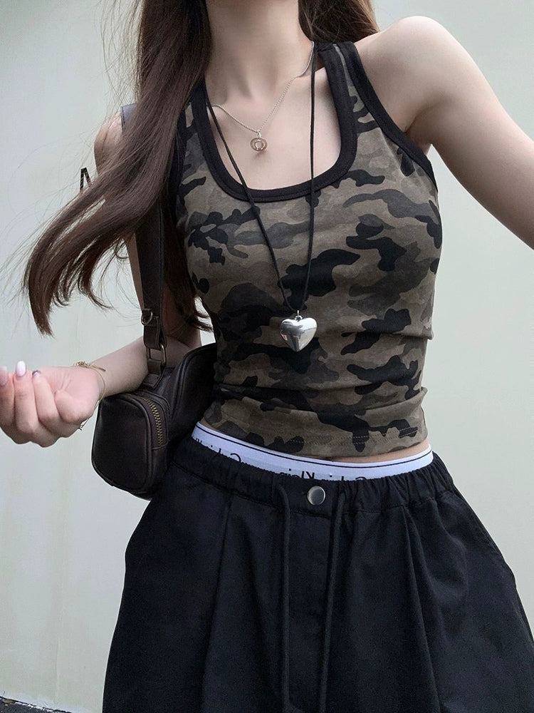 CAMO PRINT TANK TOP WITH BLACK TRIM - FLATTERING SCOOP NECK DESIGN