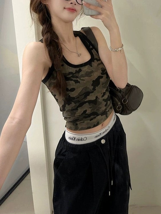 CAMO PRINT TANK TOP WITH BLACK TRIM - FLATTERING SCOOP NECK DESIGN
