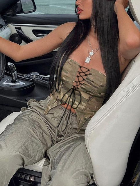 CAMOUFLAGE CORSET DRESS WITH CHIC LACE-UP STYLE FOR STREET STYLE FASHION