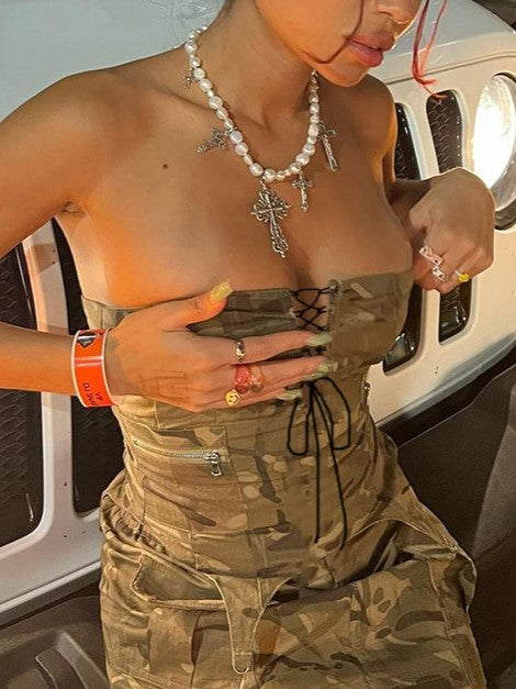 CAMOUFLAGE CORSET DRESS WITH CHIC LACE-UP STYLE FOR STREET STYLE FASHION