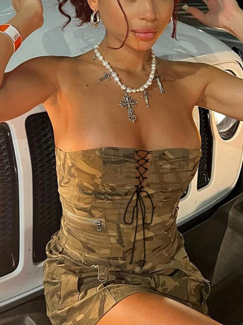 CAMOUFLAGE CORSET DRESS WITH CHIC LACE-UP STYLE FOR STREET STYLE FASHION