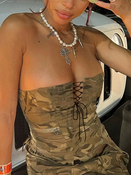CAMOUFLAGE CORSET DRESS WITH CHIC LACE-UP STYLE FOR STREET STYLE FASHION