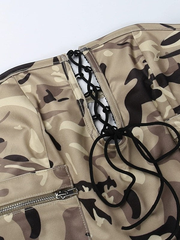 CAMOUFLAGE CORSET DRESS WITH CHIC LACE-UP STYLE FOR STREET STYLE FASHION