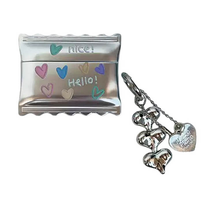 CANDY WRAPPER AIRPODS CASE SILVER HEART KEYCHAIN