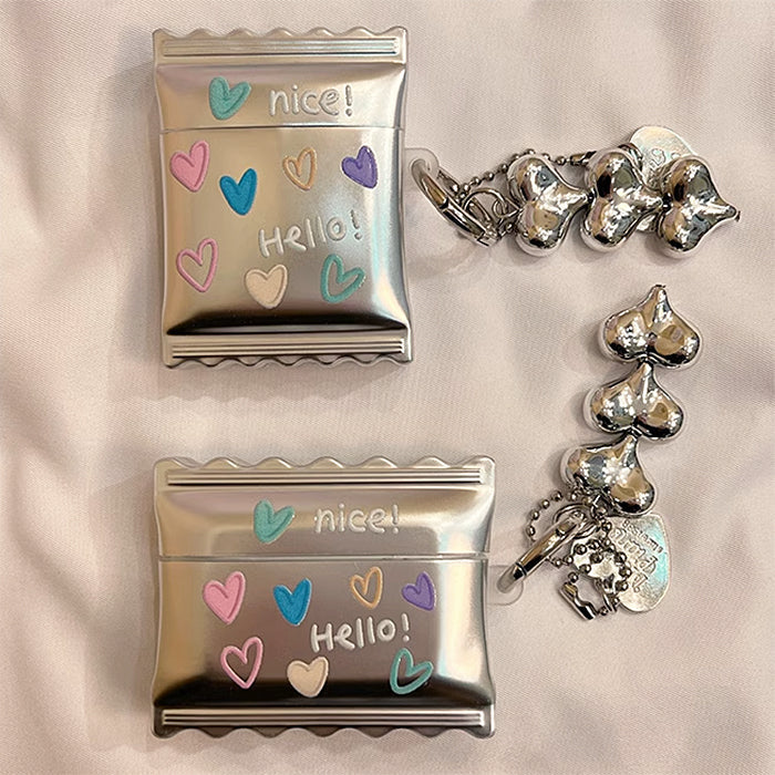 CANDY WRAPPER AIRPODS CASE SILVER HEART KEYCHAIN