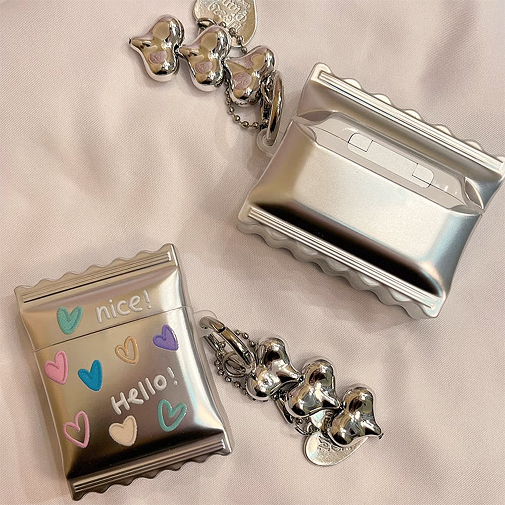 CANDY WRAPPER AIRPODS CASE SILVER HEART KEYCHAIN