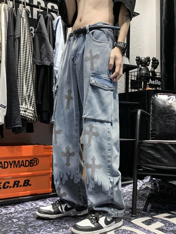 CARGO JEANS WITH CRISSCROSS PRINT IN PUNK STYLE