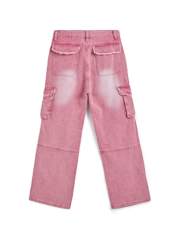 CARGO STYLE PINK DISTRESSED JEANS Y2K COTTON BLEND
