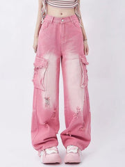 CARGO STYLE PINK DISTRESSED JEANS Y2K COTTON BLEND