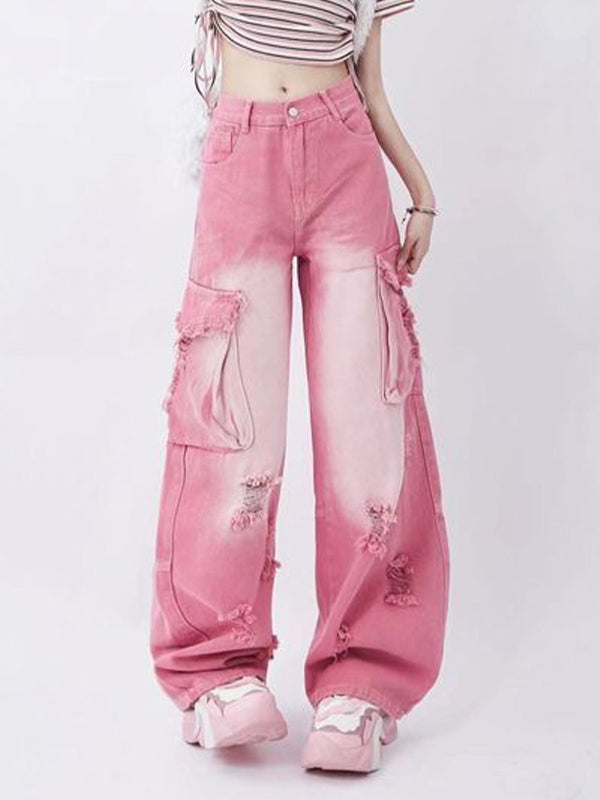 CARGO STYLE PINK DISTRESSED JEANS Y2K COTTON BLEND