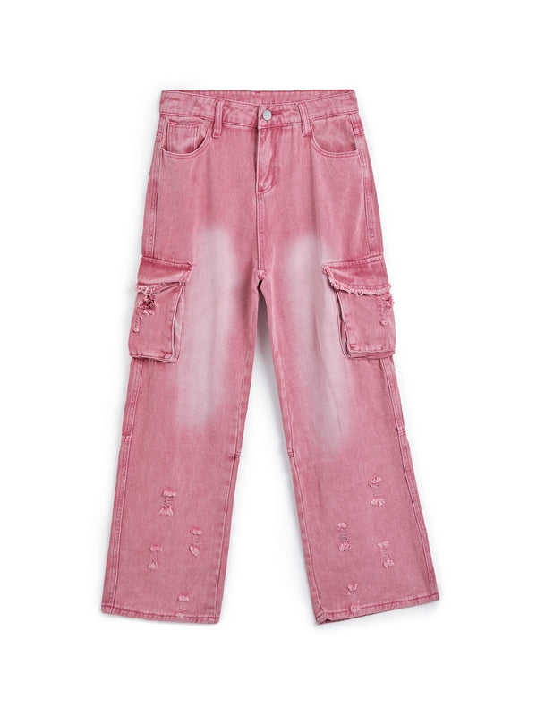 CARGO STYLE PINK DISTRESSED JEANS Y2K COTTON BLEND