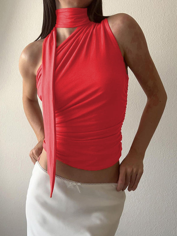Casual all-match slim-fit one-shoulder streamer design solid color sleeveless vest top - Orange / S