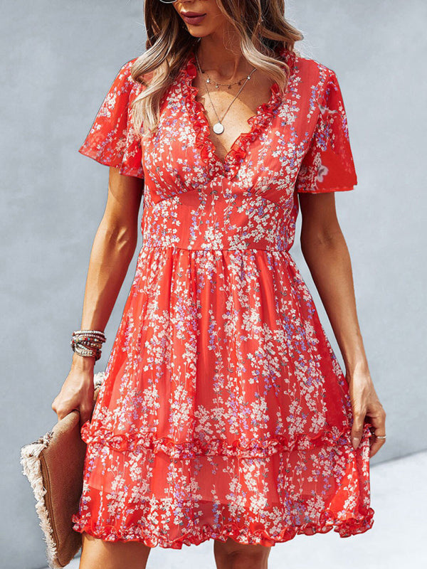 Casual all-match spring and summer sexy short dress - Red / S
