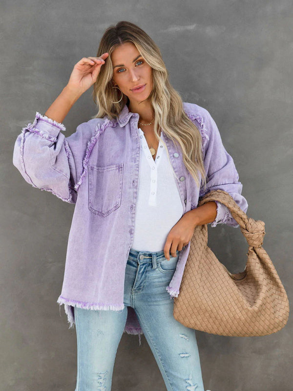 Casual Fringed Ripped Loose Denim Jacket - Purple / S