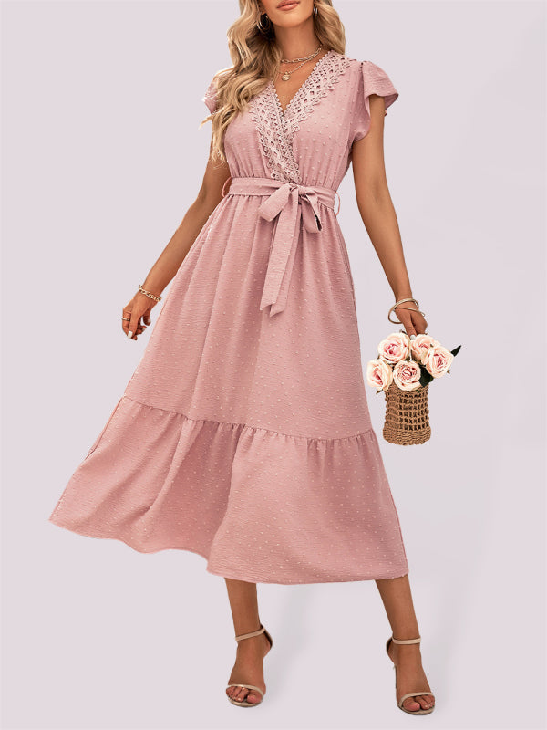 Casual new solid color casual tie waist lace V-neck dress - Pink / S