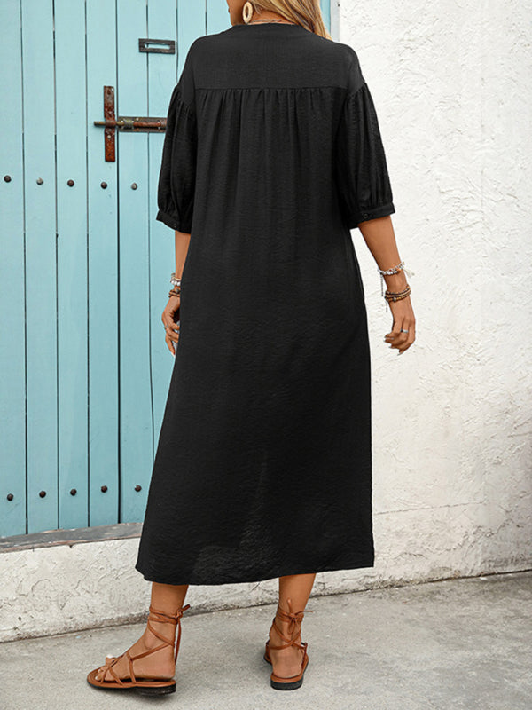 Black midi dress with embroidered ethnic style and loose five-point sleeves