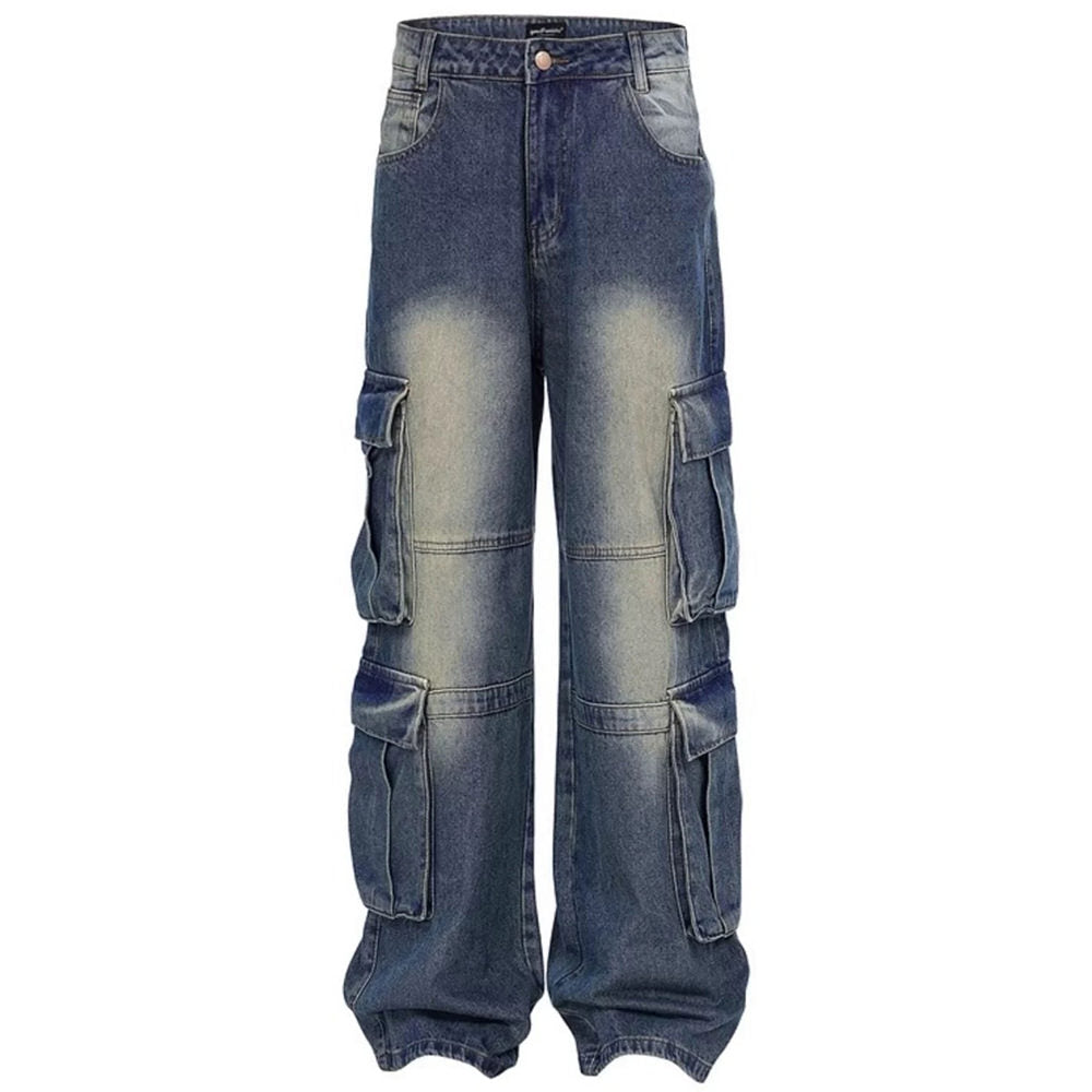 CASUAL URBAN CARGO WIDE-LEG JEANS WITH WASHED BLUE FINISH AND MULTIPLE POCKETS