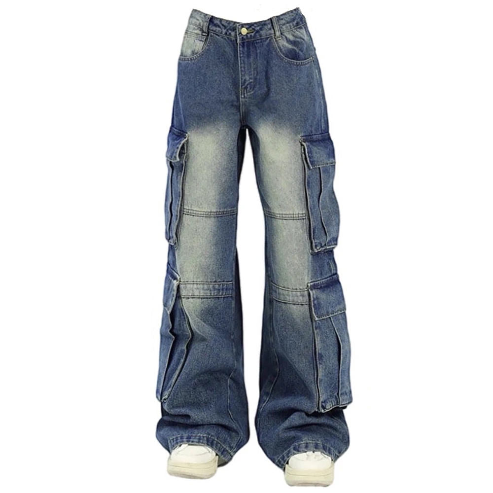 CASUAL URBAN CARGO WIDE-LEG JEANS WITH WASHED BLUE FINISH AND MULTIPLE POCKETS