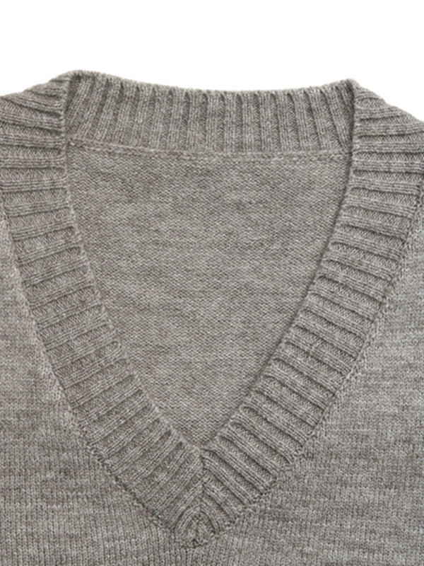 Gray V-neck sweater vest from Casual V-neck short belly-exposed knitted sleeveless vest two-piece set