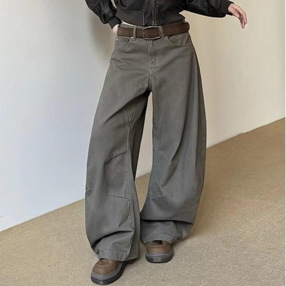 CASUAL WASHABLE CHARCOAL WIDE-LEG PANTS WITH SLIGHTLY FLARED HEM