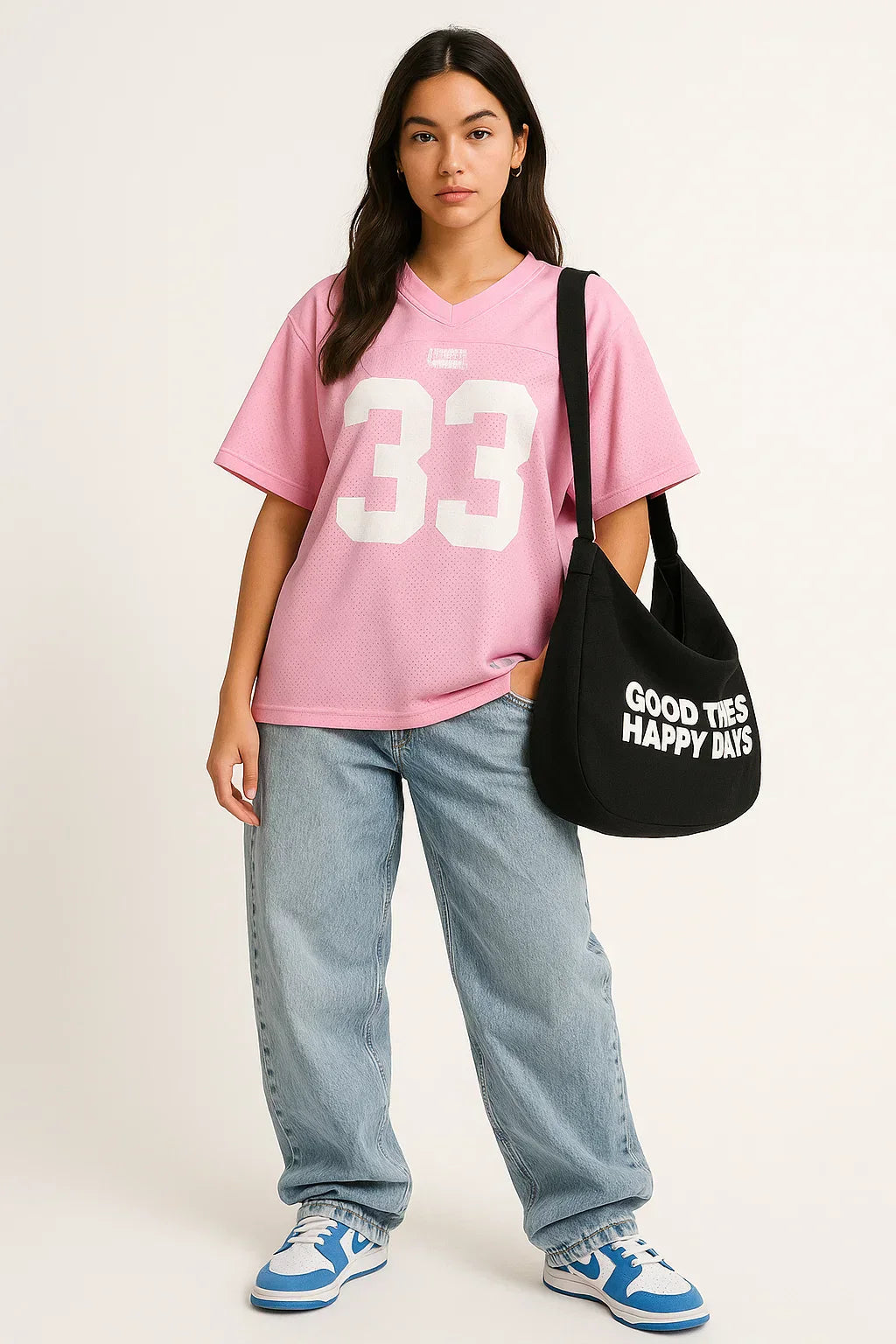 CASUAL WOMEN'S OUTFIT WITH PINK JERSEY AND JEANS