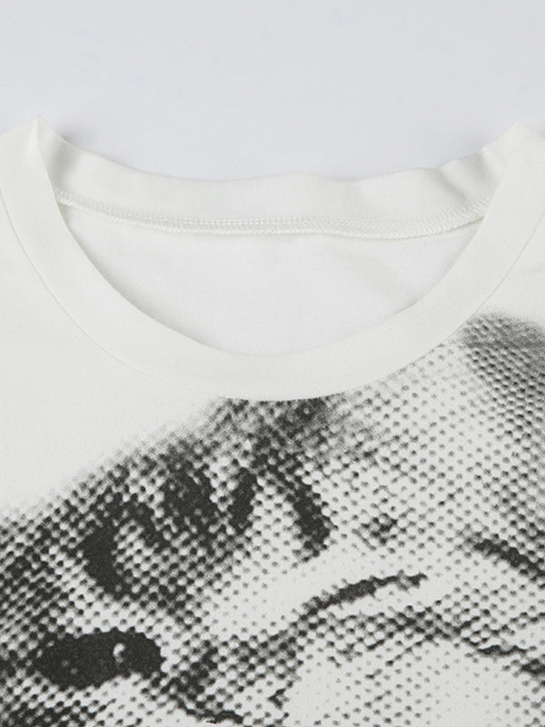 CAT PRINT WHITE T-SHIRT WITH ROUND NECK IN CASUAL COTTON BLEND