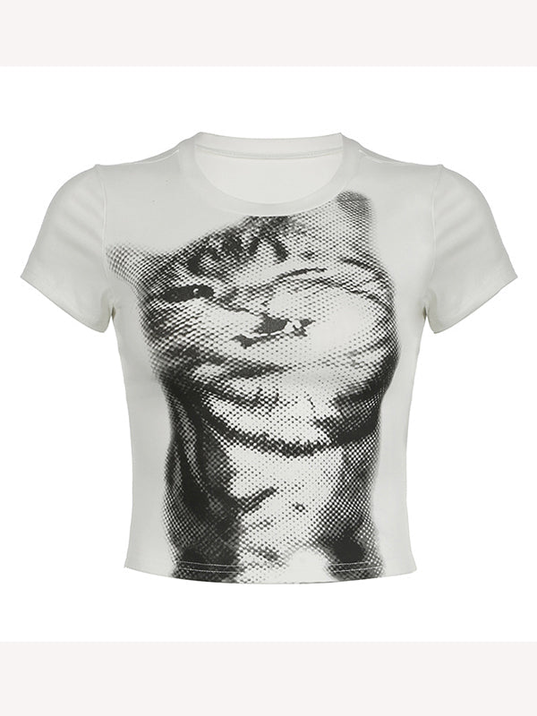 CAT PRINT WHITE T-SHIRT WITH ROUND NECK IN CASUAL COTTON BLEND