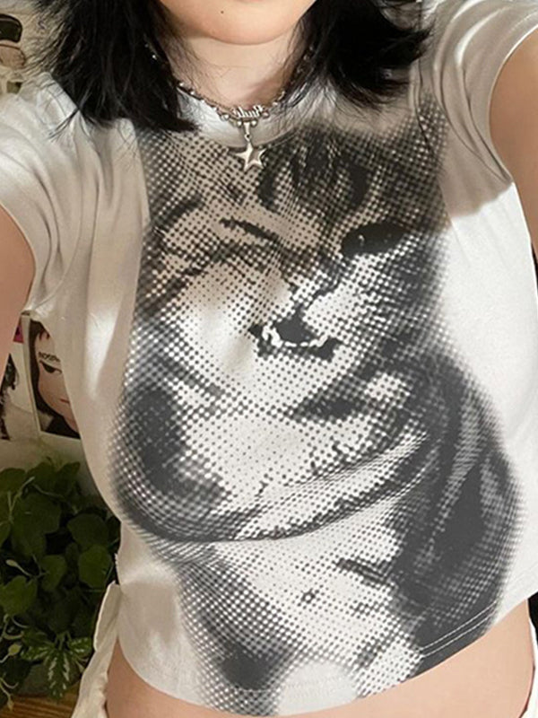 CAT PRINT WHITE T-SHIRT WITH ROUND NECK IN CASUAL COTTON BLEND